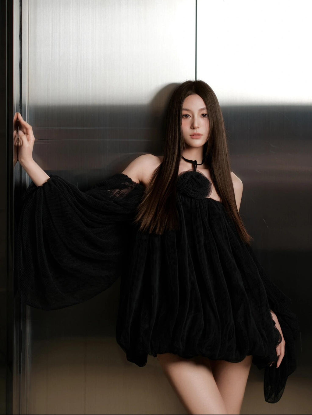 Off-Shoulder Rosette Mesh Bubble Dress