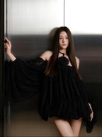 Off-Shoulder Rosette Mesh Bubble Dress