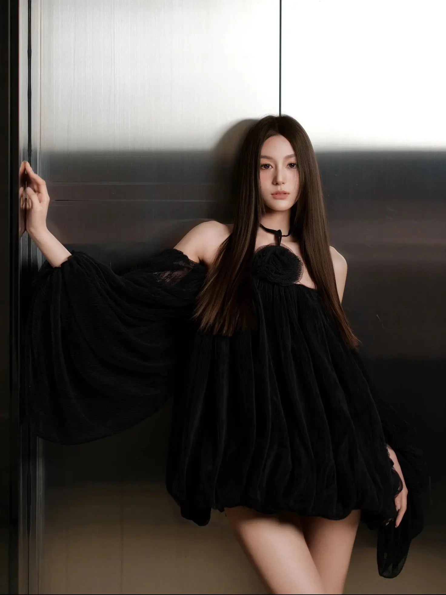 Off-Shoulder Rosette Mesh Bubble Dress - Velanocta