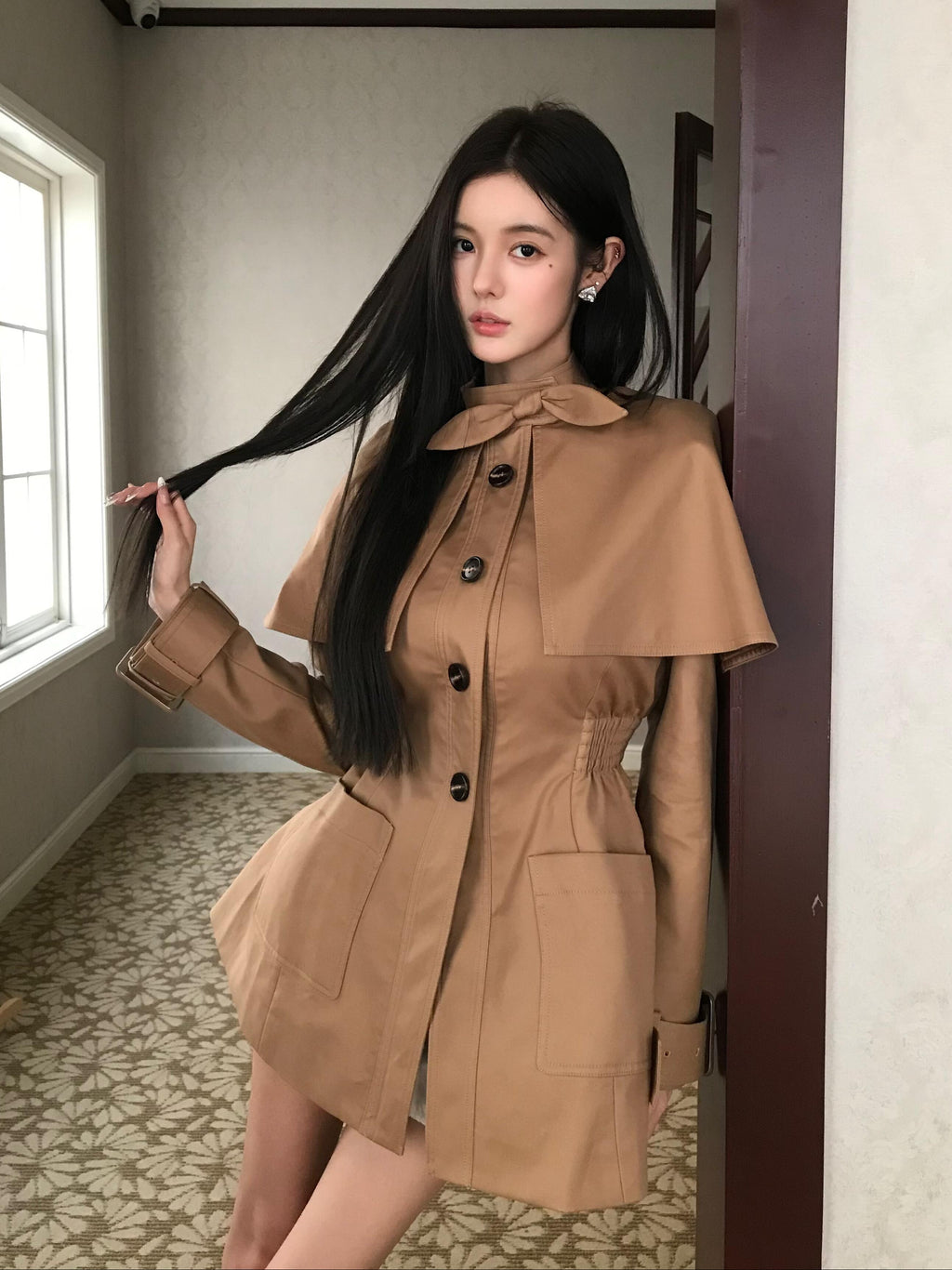Camel Cape-Style Tailored Trench Coat