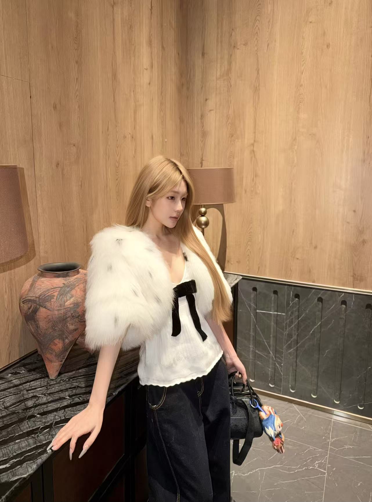 Ivory Dot Fur Cape Vest