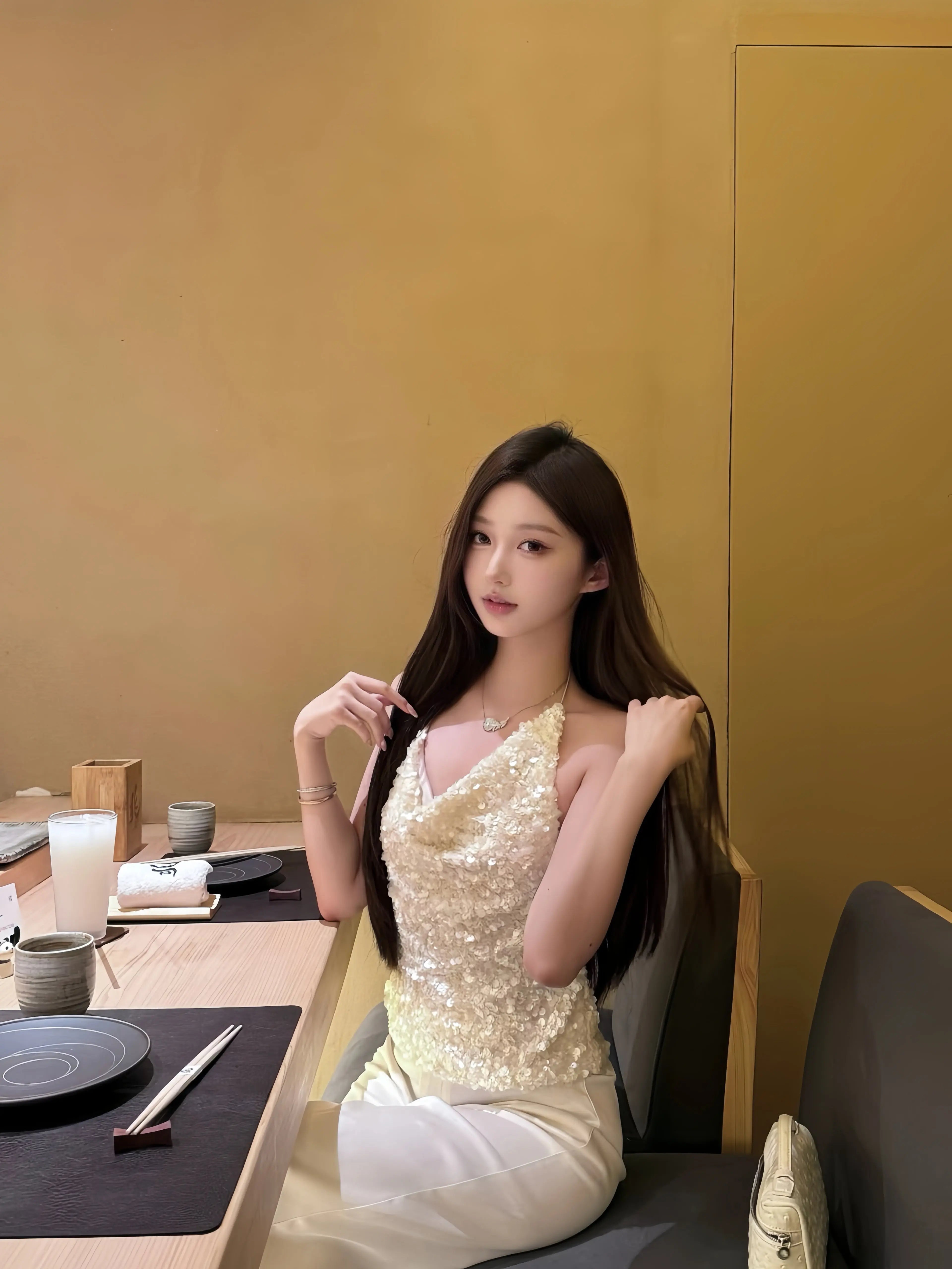 Champagne Cowl Neck Sequin Halter Top - Velanocta