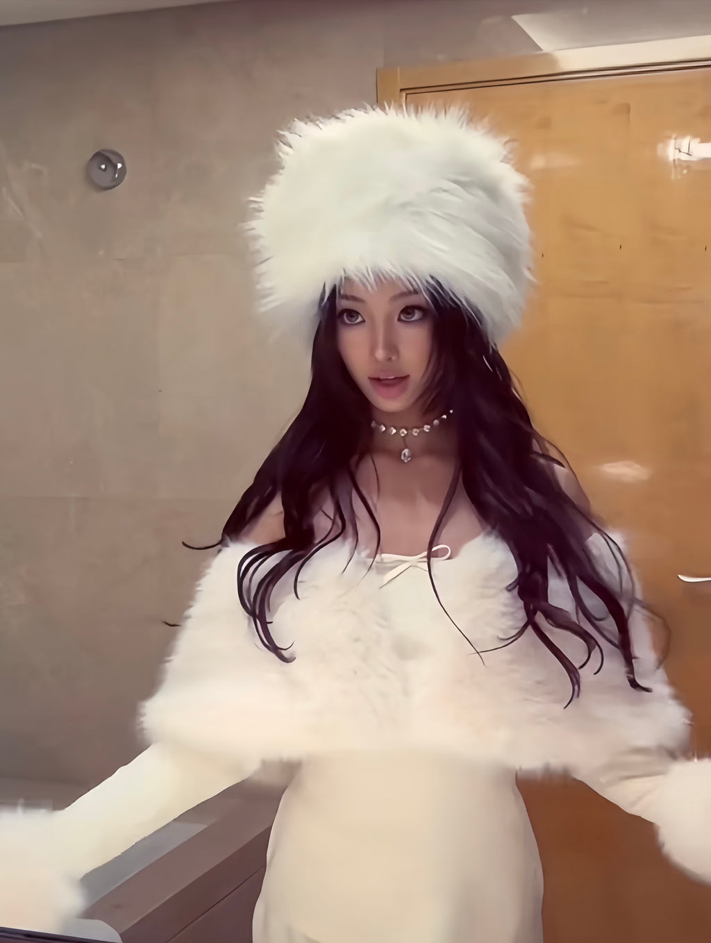 White Faux-Fur Off-Shoulder Knit Set (with Matching Hat)