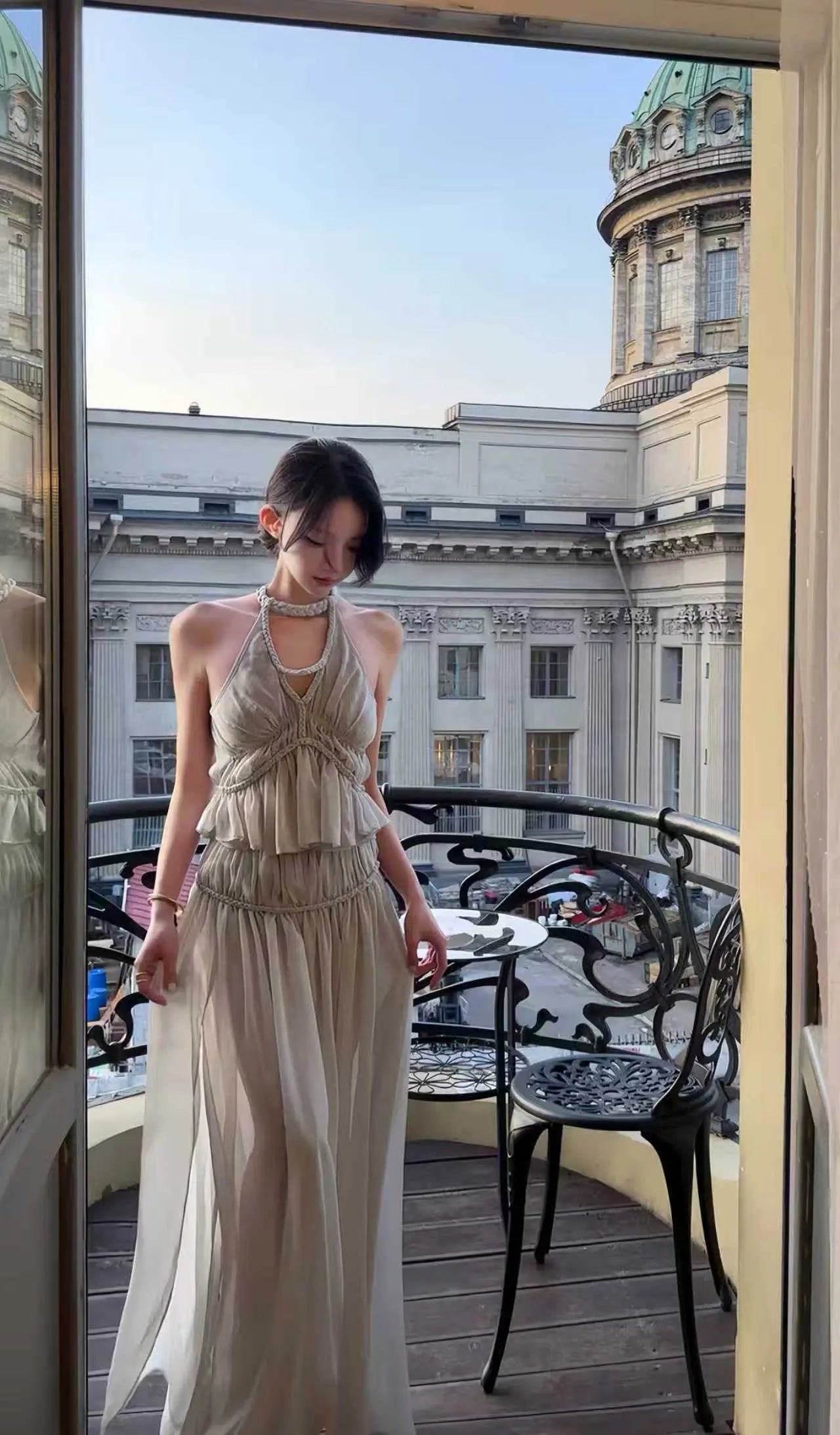 Elegant Halter Neck Ruffle Top & High-Waist Maxi Skirt Set - Velanocta