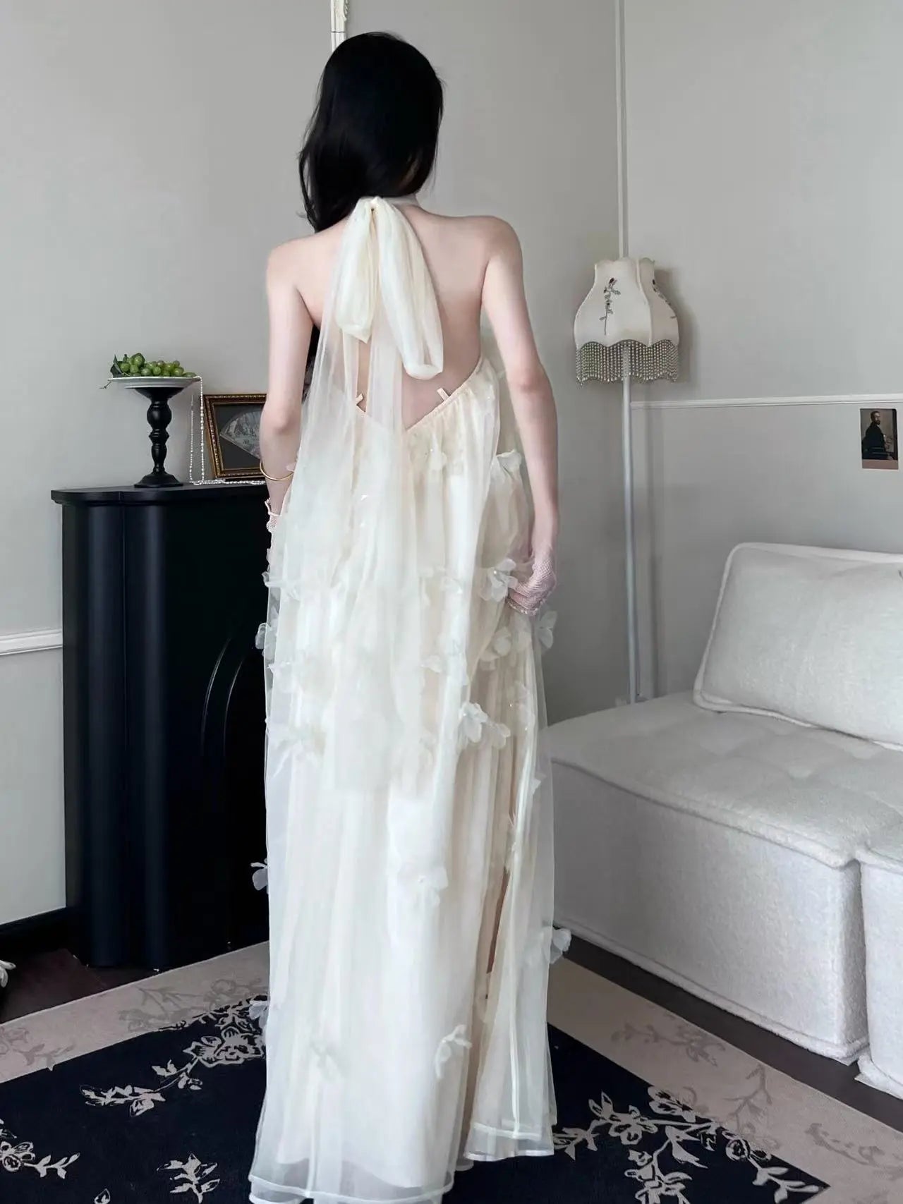Butterfly Appliqué Halter Maxi Dress - Velanocta
