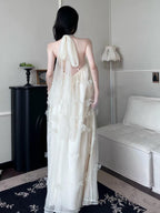 Butterfly Appliqué Halter Maxi Dress