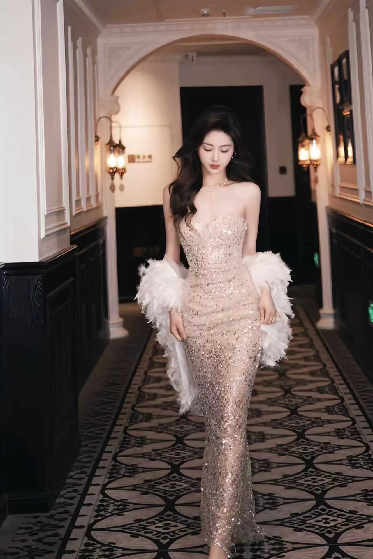 Gold Sequin Strapless Mermaid Evening Gown - Velanocta