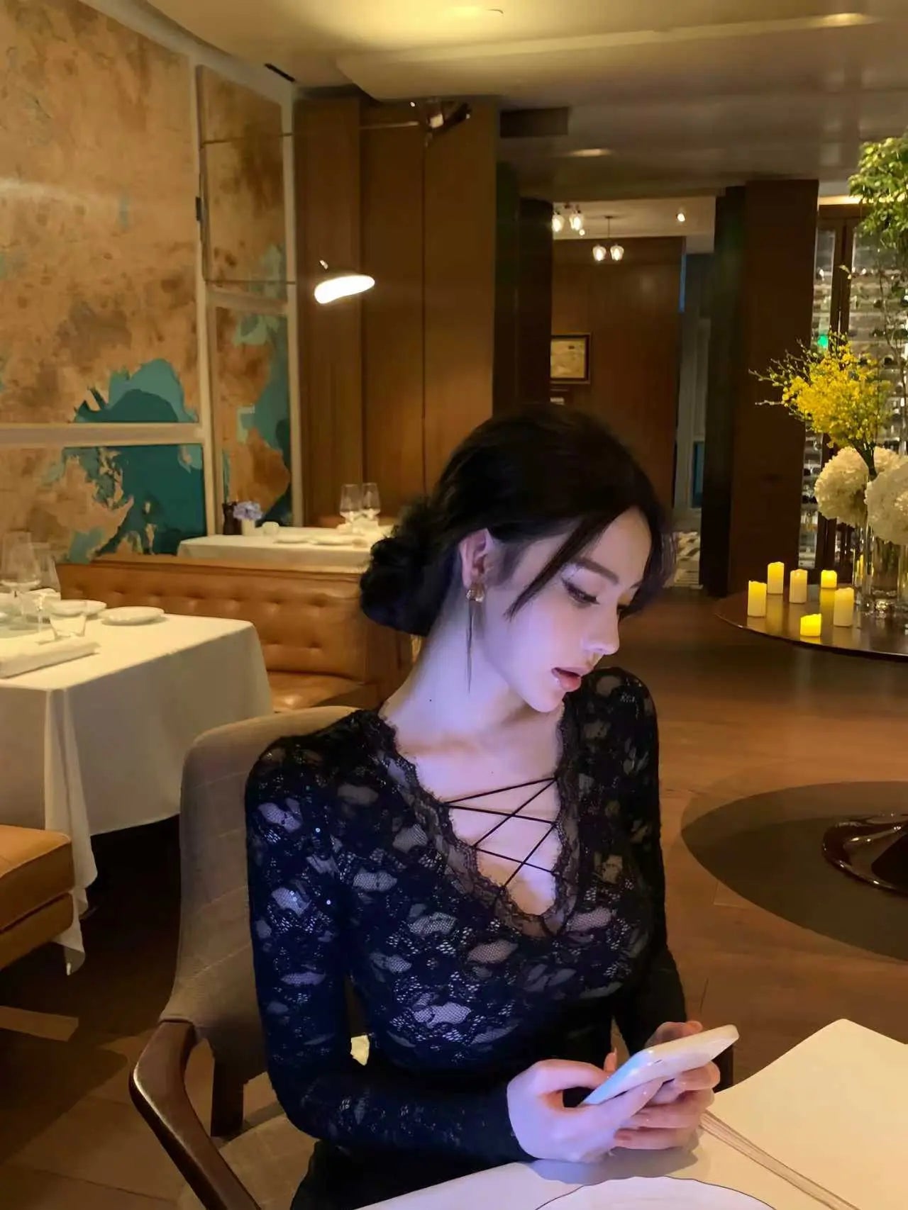 Black Lace Top with Cross Strap V Neck - Velanocta