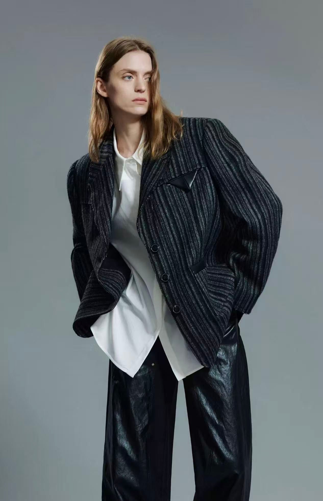 Oversized Wool-Texture Pinstripe Jacket