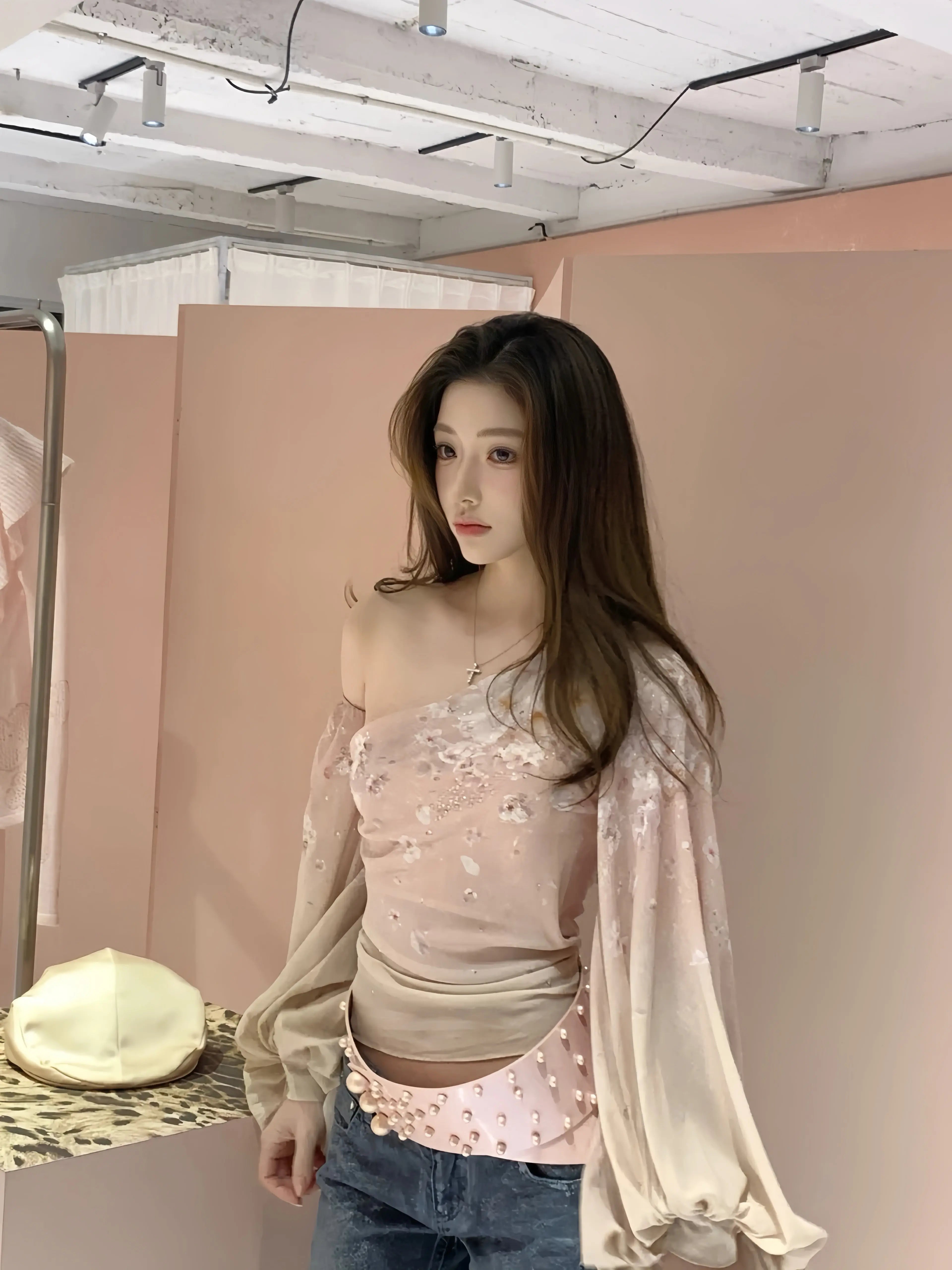 asymmetric top Sheer Snake-Print Off-Shoulder Top - Velanocta