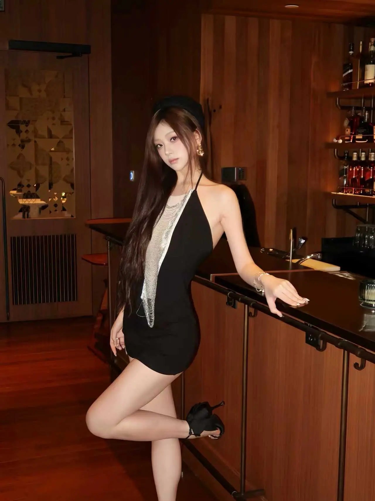 Sexy Black Halter Neck Dress with Metal Chain Fringe - Velanocta