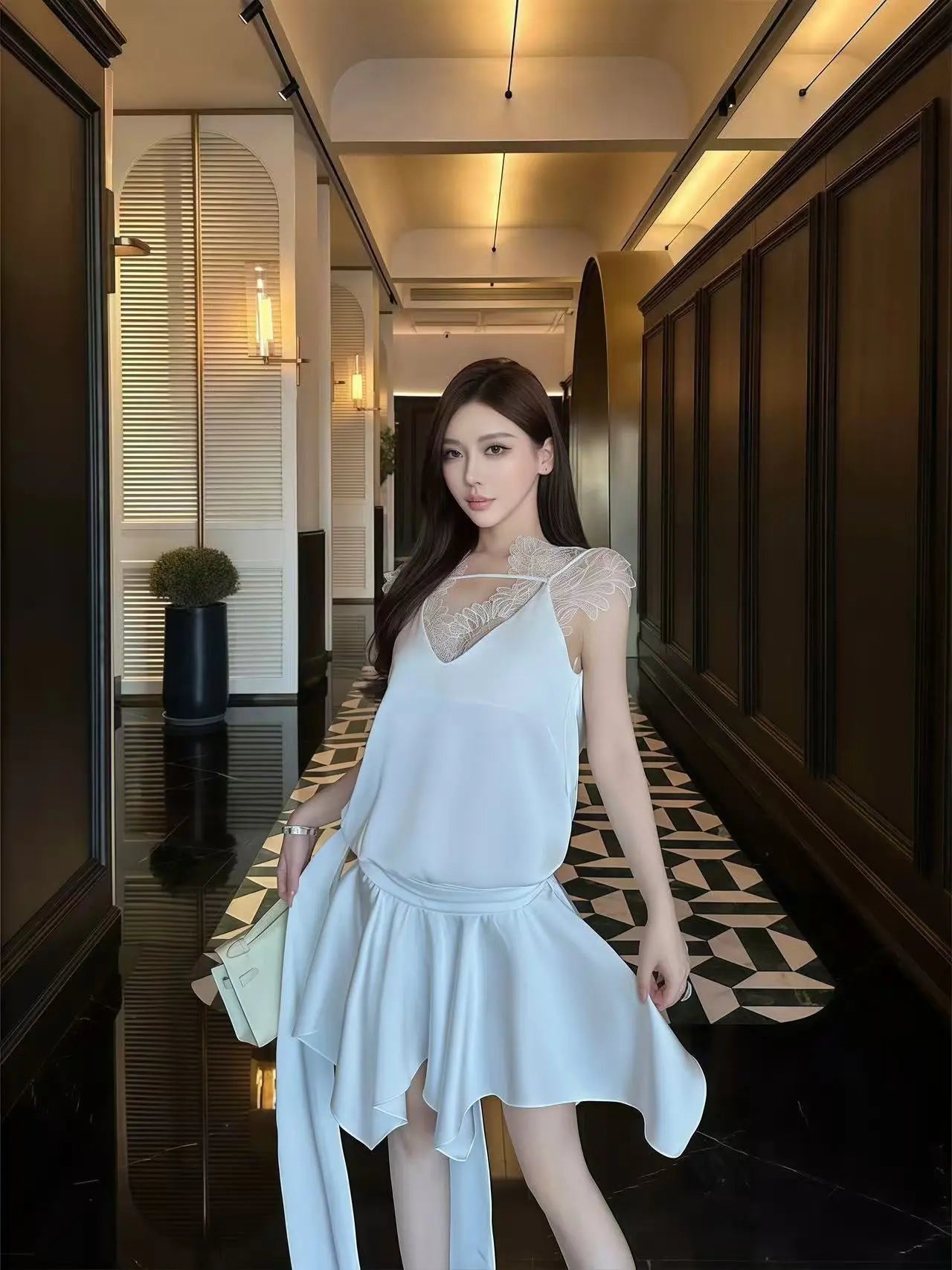 Lace Trim Satin Three-Piece Set - Velanocta