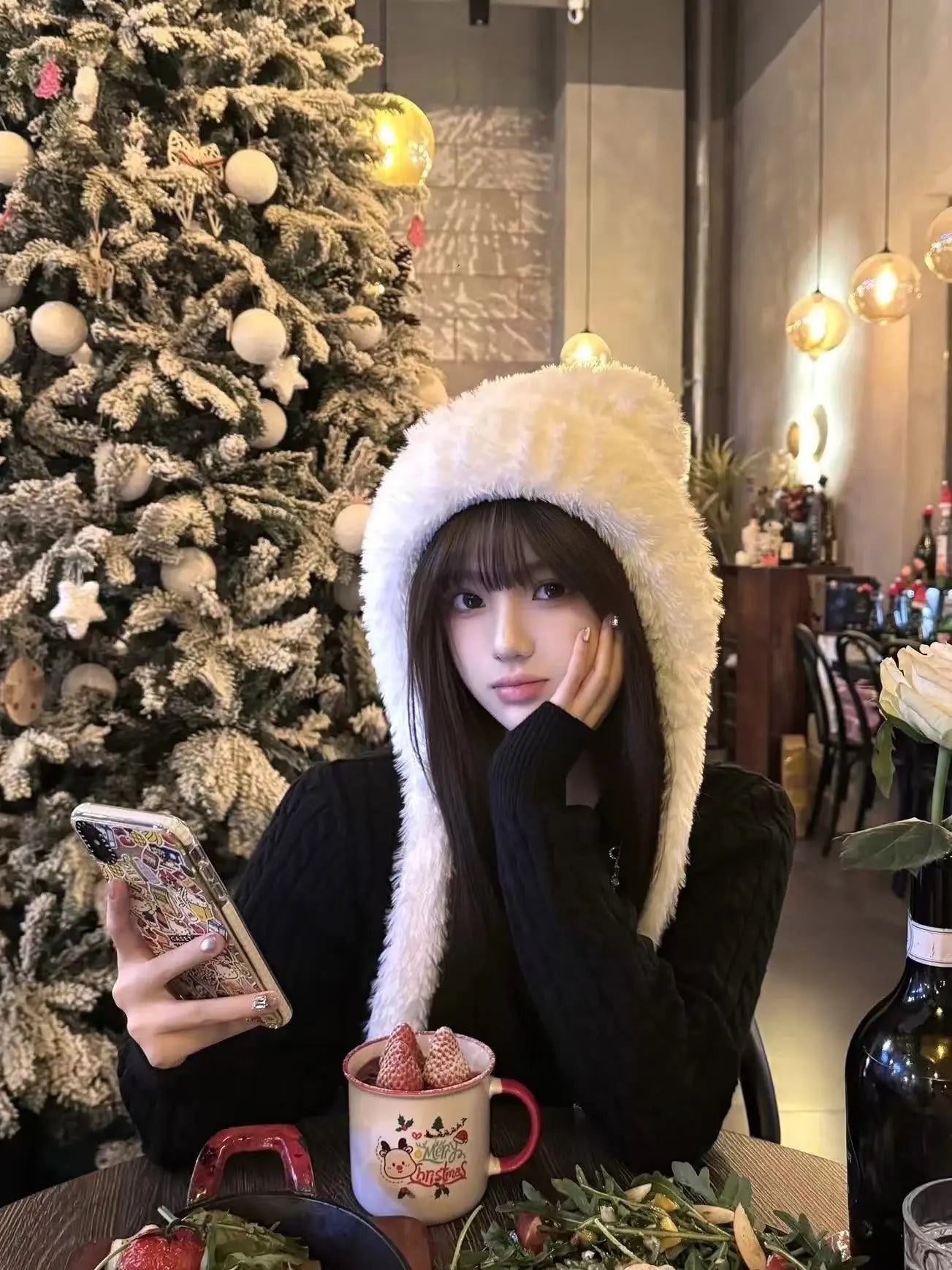 White Faux-Fur Earflap Hat + Black Knit Sweater Set - Velanocta