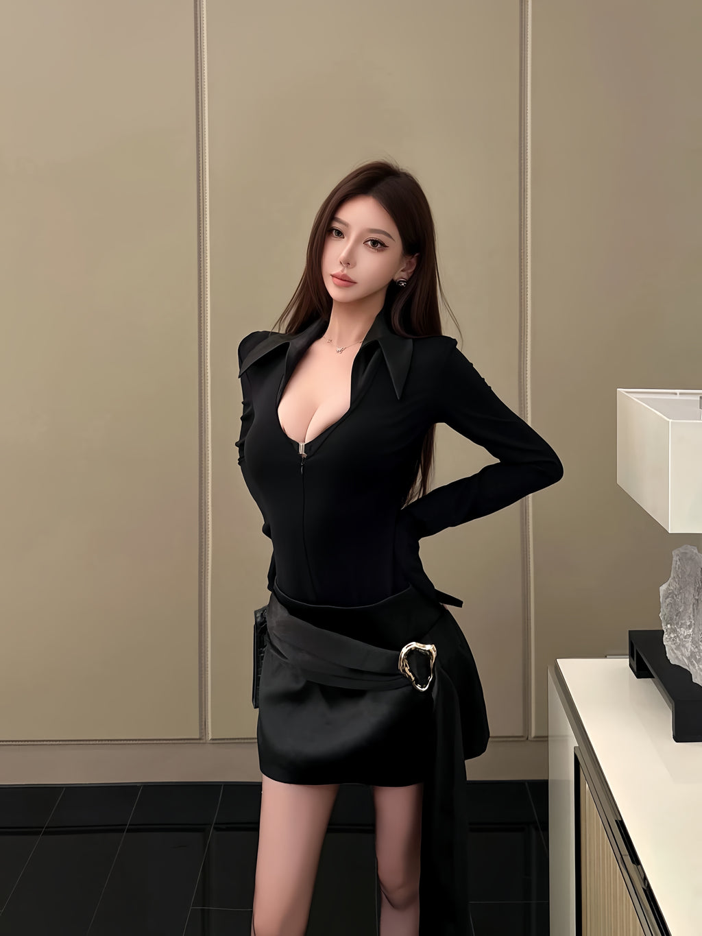 Deep V-Neck Zip Front Long Sleeve Bodysuit