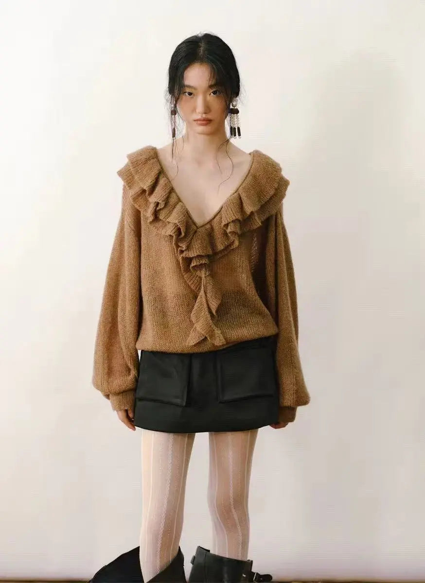 French Ruffled V-Neck Mohair Sweater - Velanocta