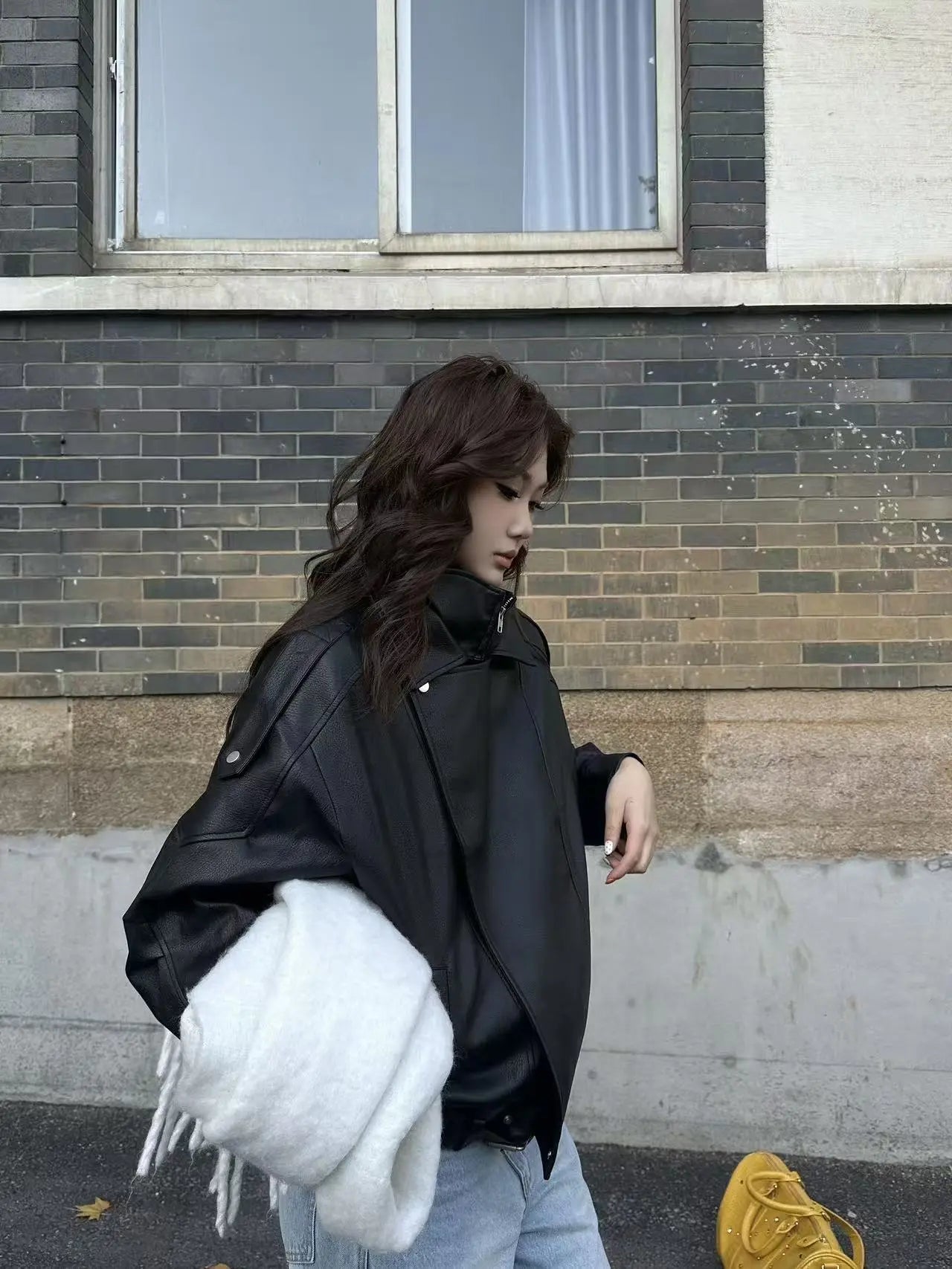 Vintage Litchi-Grain Oversized PU Moto Jacket - Velanocta