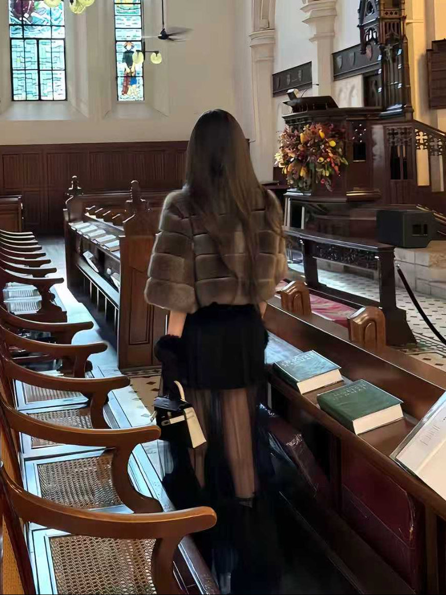 Short-Sleeve Faux Fur Cropped Jacket