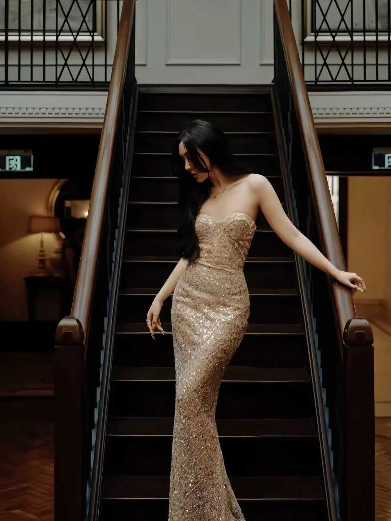 Gold Sequin Strapless Mermaid Evening Gown - Velanocta