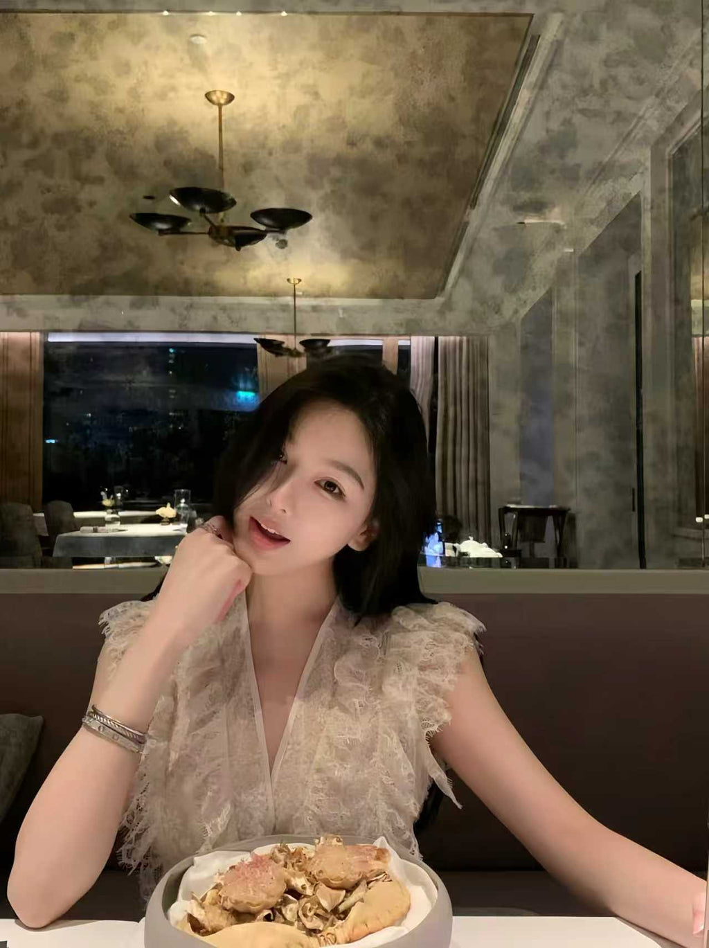 French Lace Flutter-Sleeve V-Neck Top