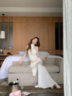 Ivory Halter Knit Top & Draped Maxi Skirt Set