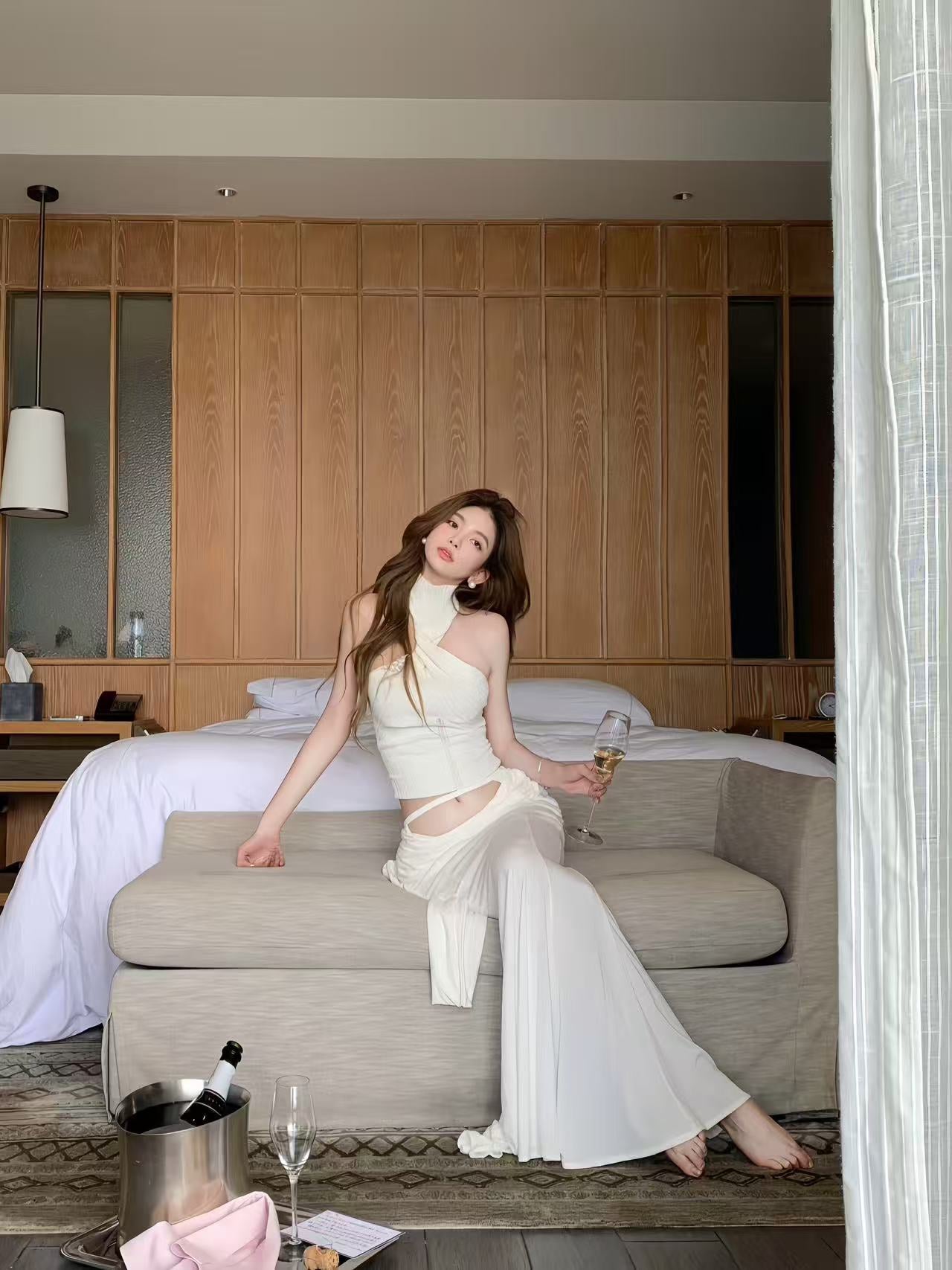 Ivory Halter Knit Top & Draped Maxi Skirt Set