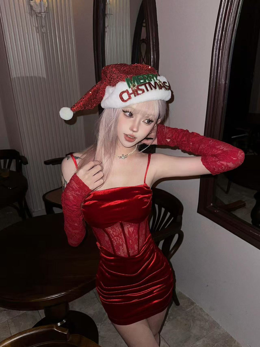 Red Velvet Corset Mini Dress with Matching Lace Sleeves