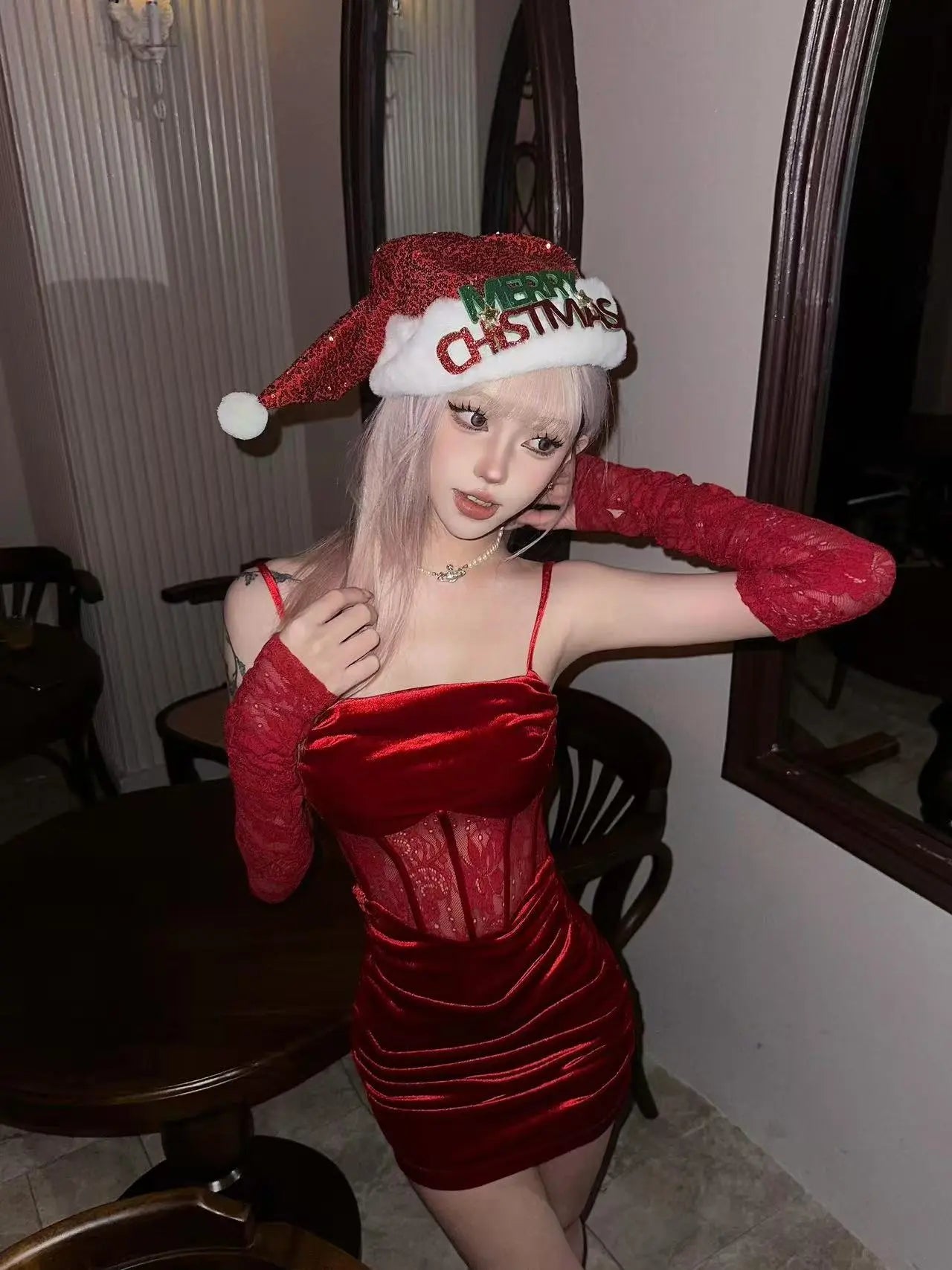 Red Velvet Corset Mini Dress with Matching Lace Sleeves - Velanocta