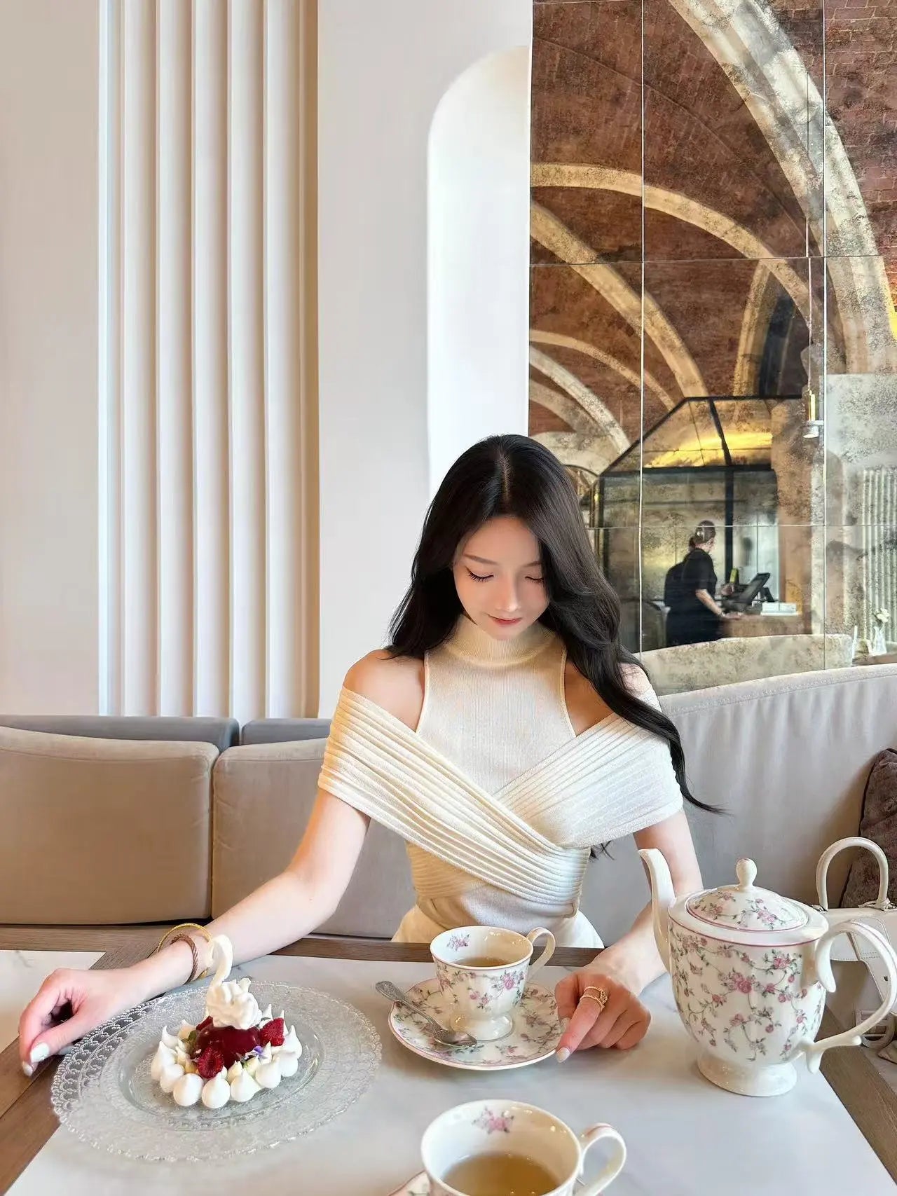 Off-Shoulder Knit Top with Mock Neck - Velanocta