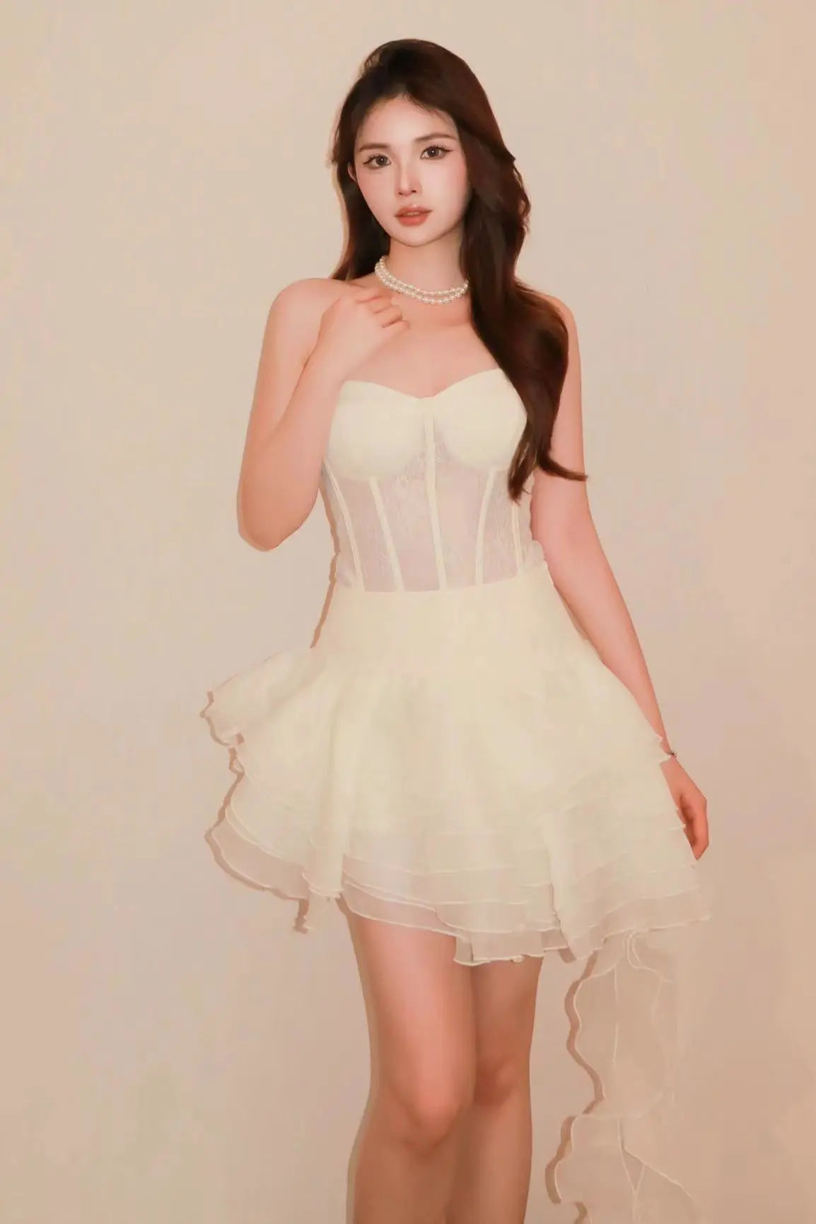 Romantic Cream White Corset Dress with Ruffles - Velanocta