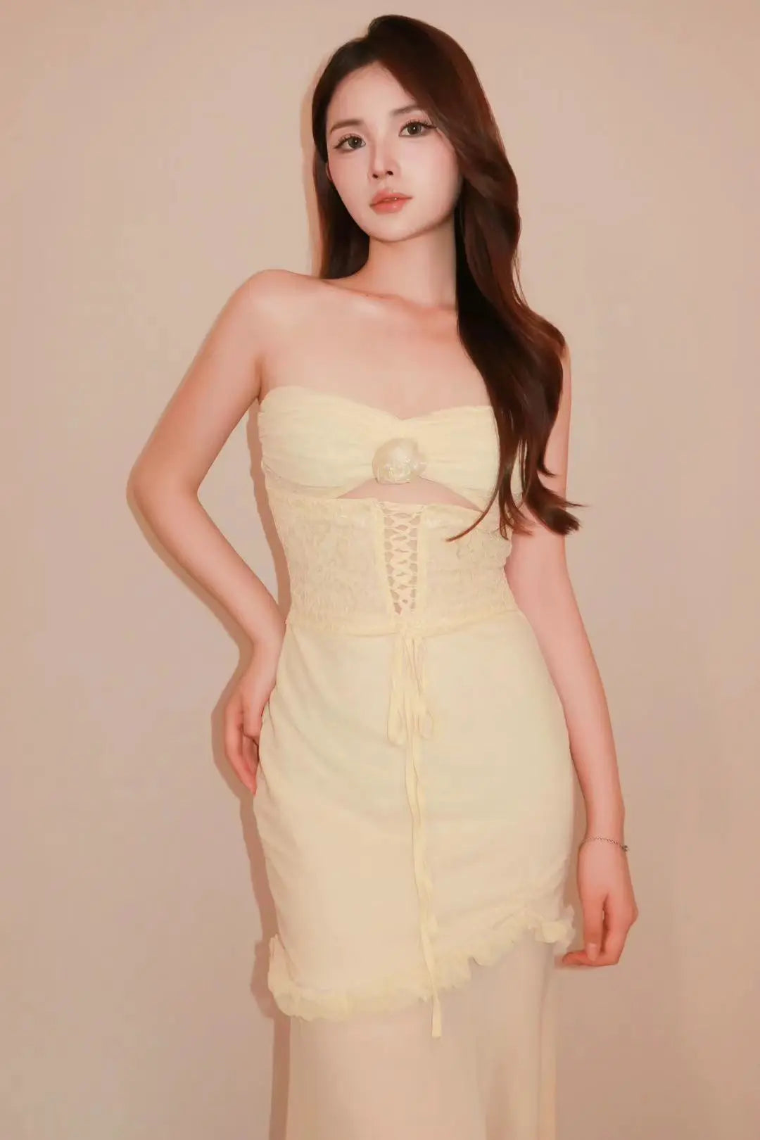 Light Yellow Corset Lace-Up Dress - Velanocta