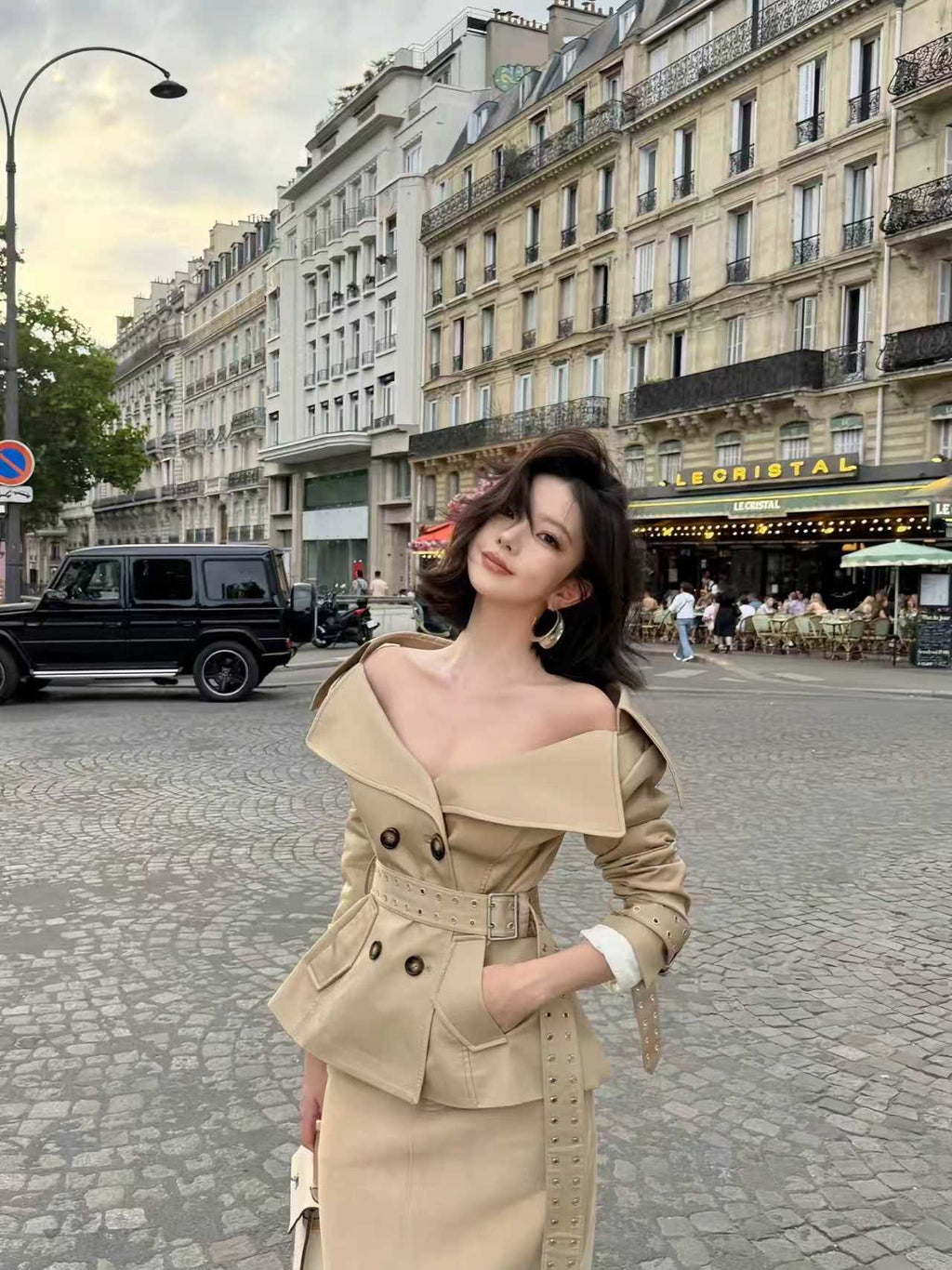 Off-Shoulder Wide-Collar Belted Trench Jacket & Midi Skirt Set