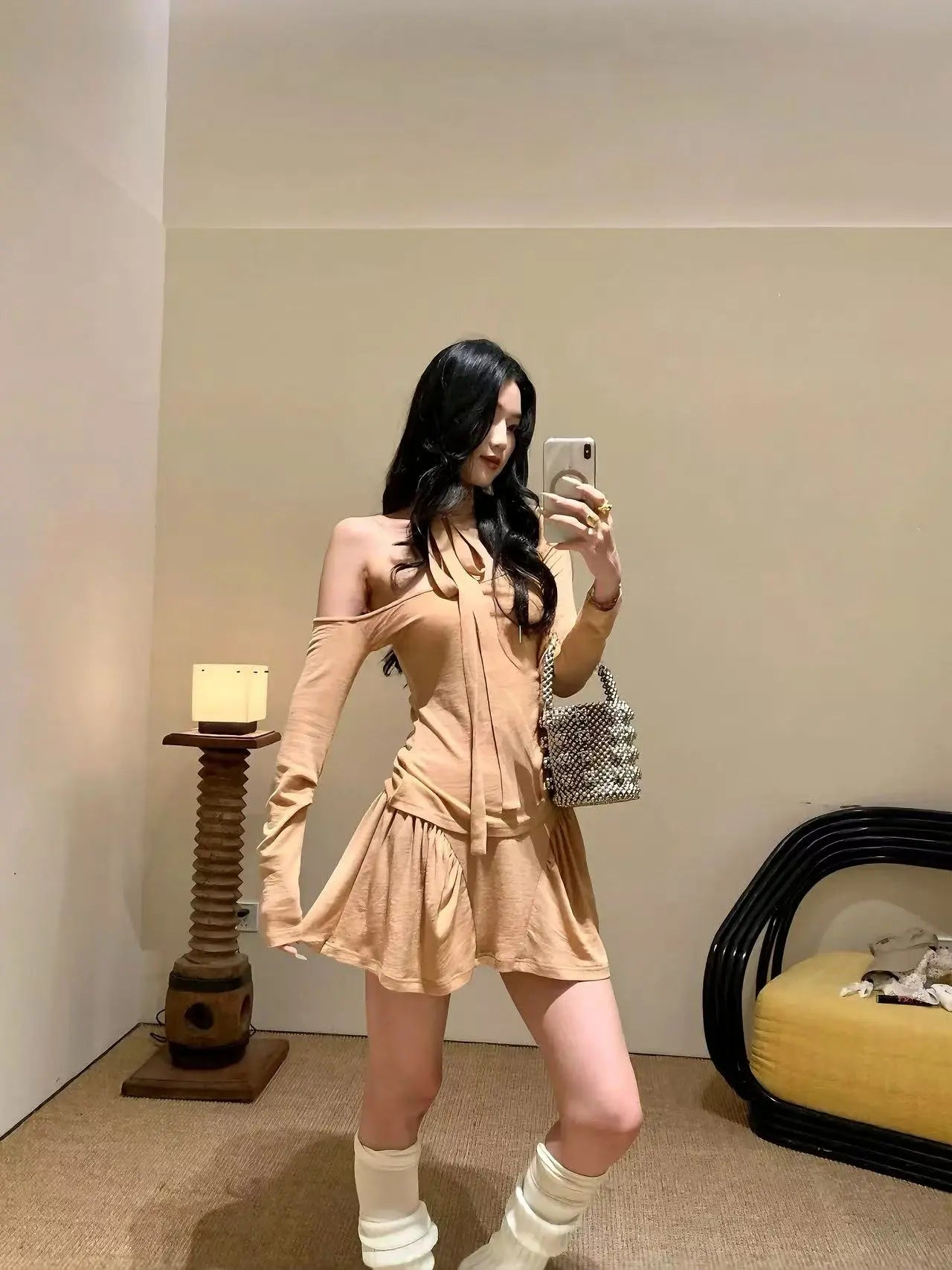 Asymmetric Off-Shoulder Knit Set - Velanocta