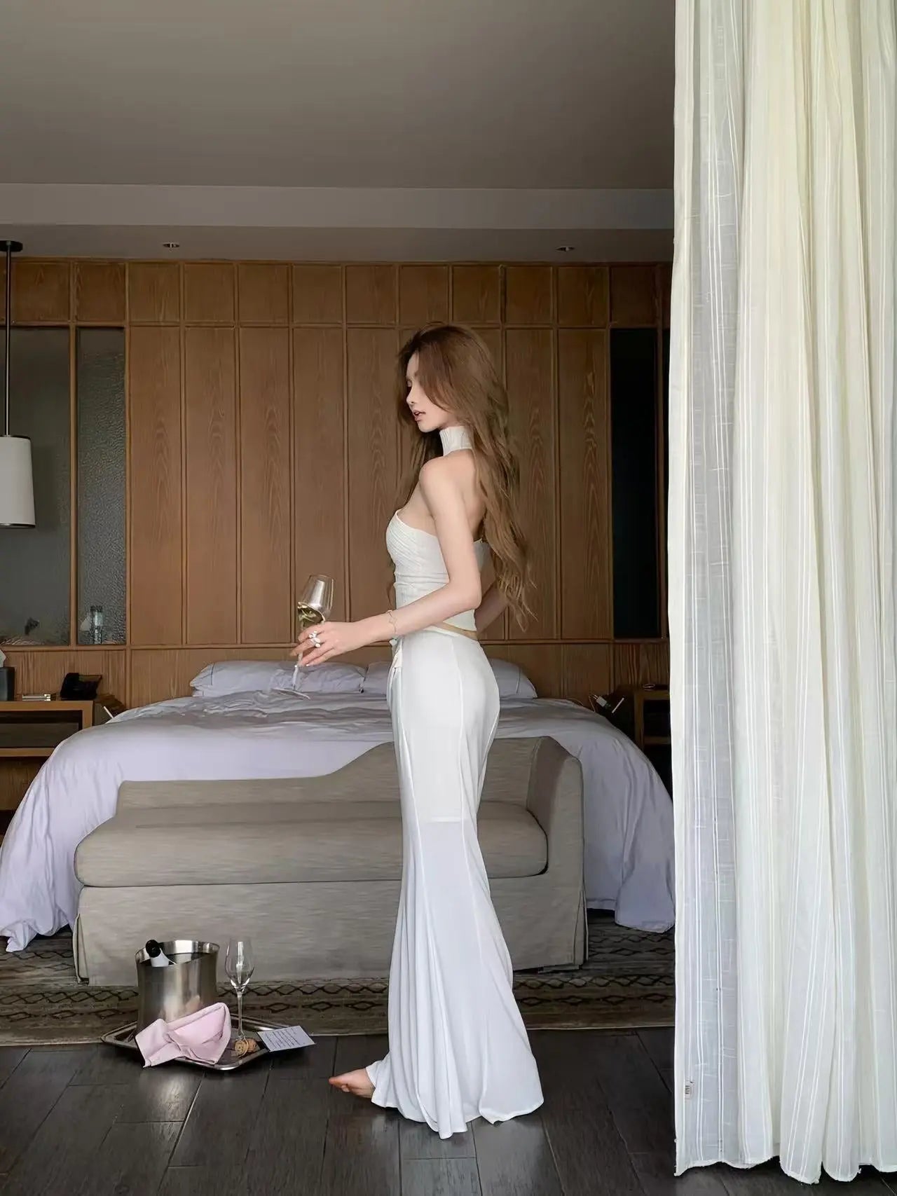 Ivory Halter Knit Top & Draped Maxi Skirt Set - Velanocta