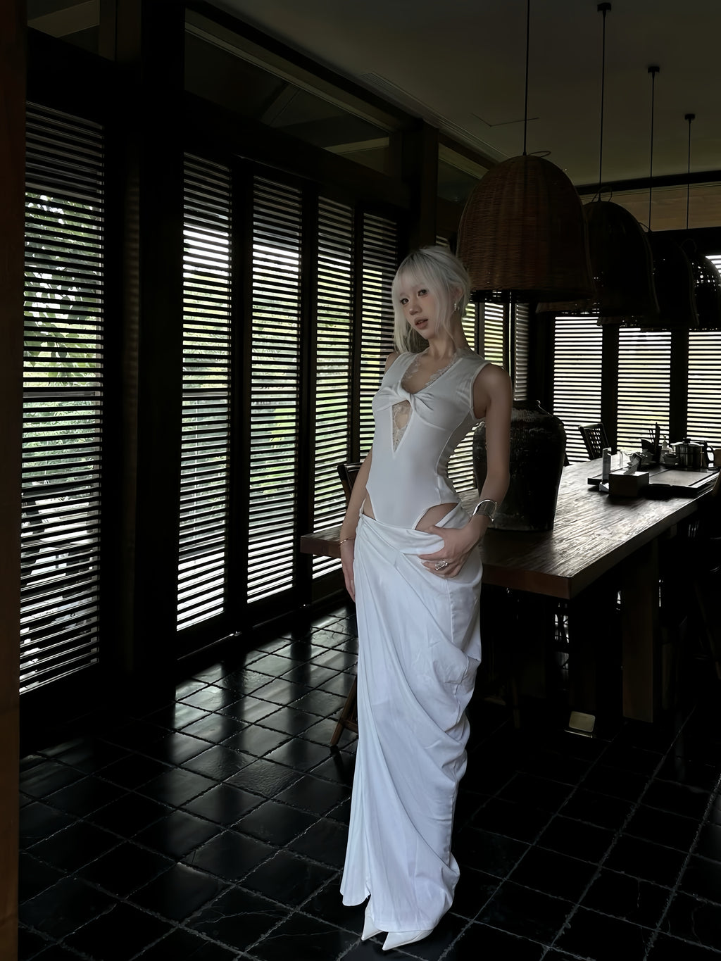 Lace Cut-Out Knot Bodysuit Top