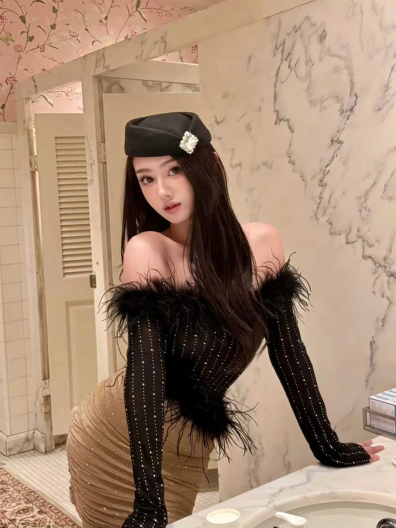 Feather-Trim Off-Shoulder Rhinestone Dress - Velanocta