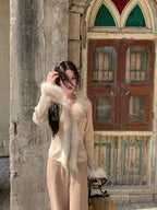 Soft Wool & Raccoon Fur Trim Knit Cardigan