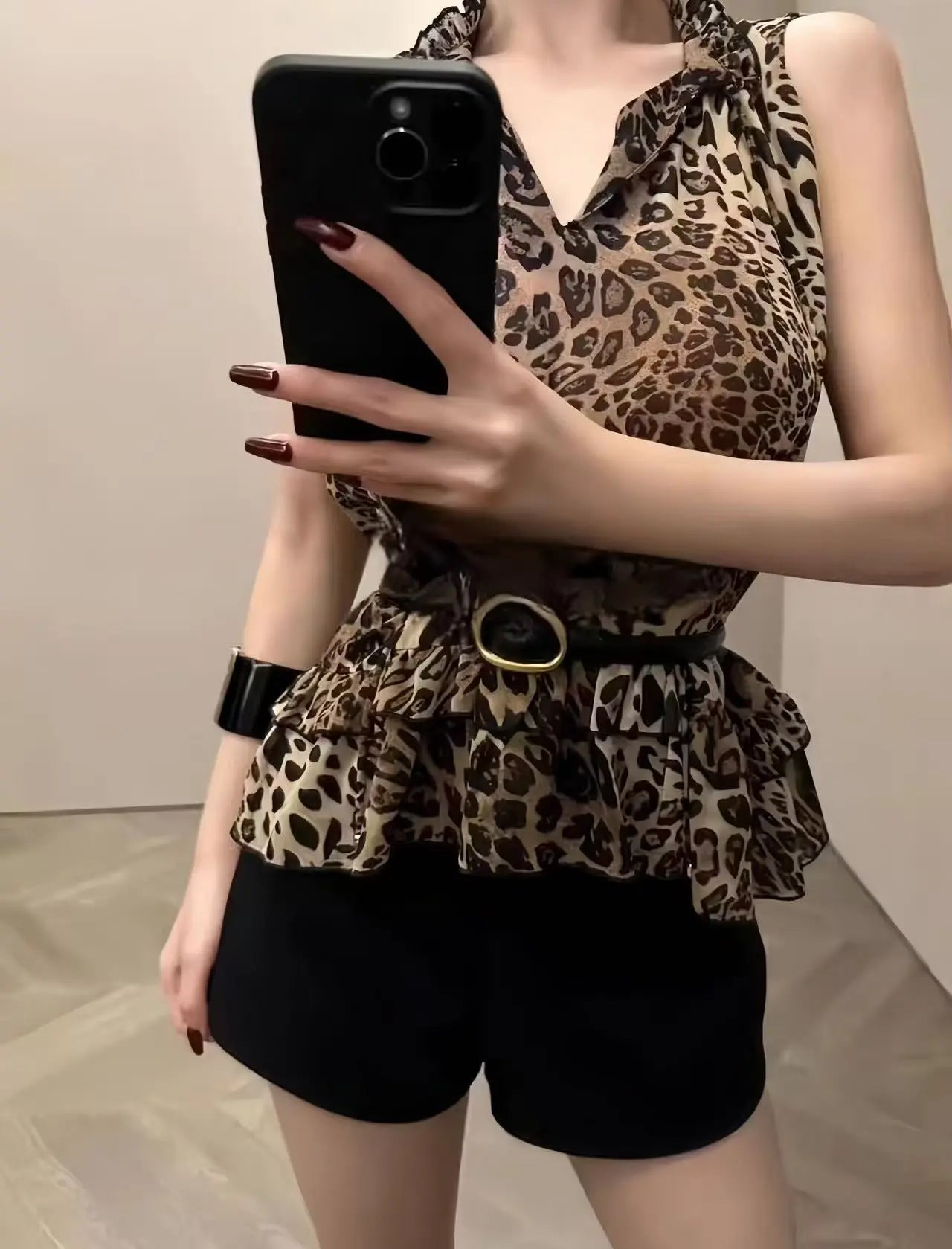 Leopard Print Ruffle Halter Top - Velanocta