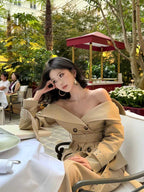 Off-Shoulder Wide-Collar Belted Trench Jacket & Midi Skirt Set