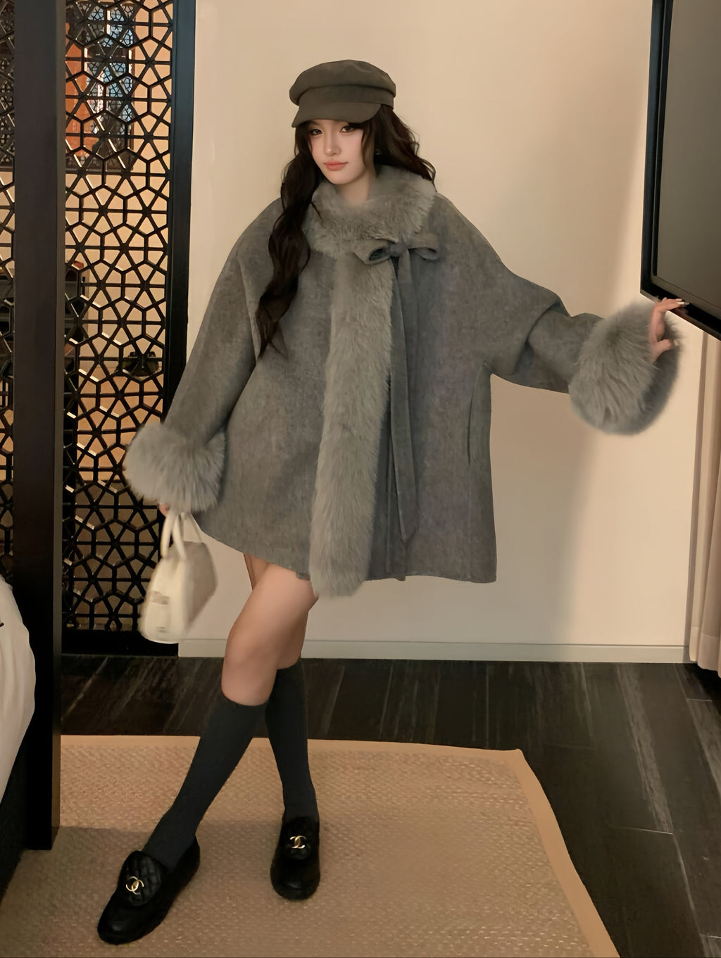 Fox Fur Trim Wool Cape Coat