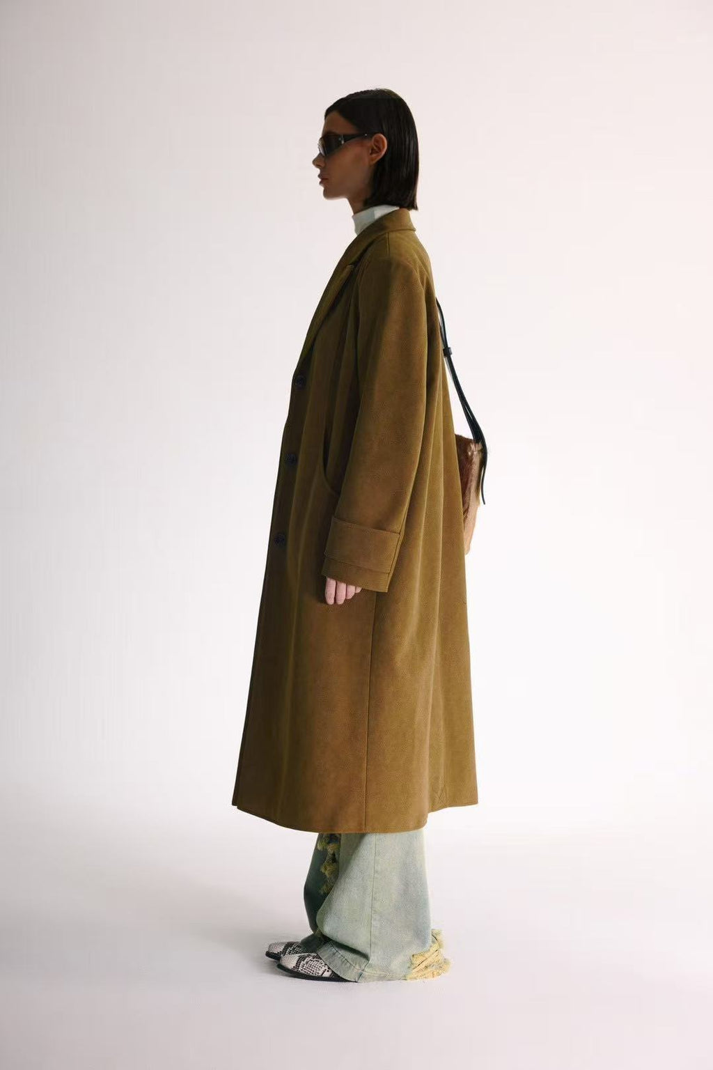 Brown Suede Notched-Lapel Long Coat