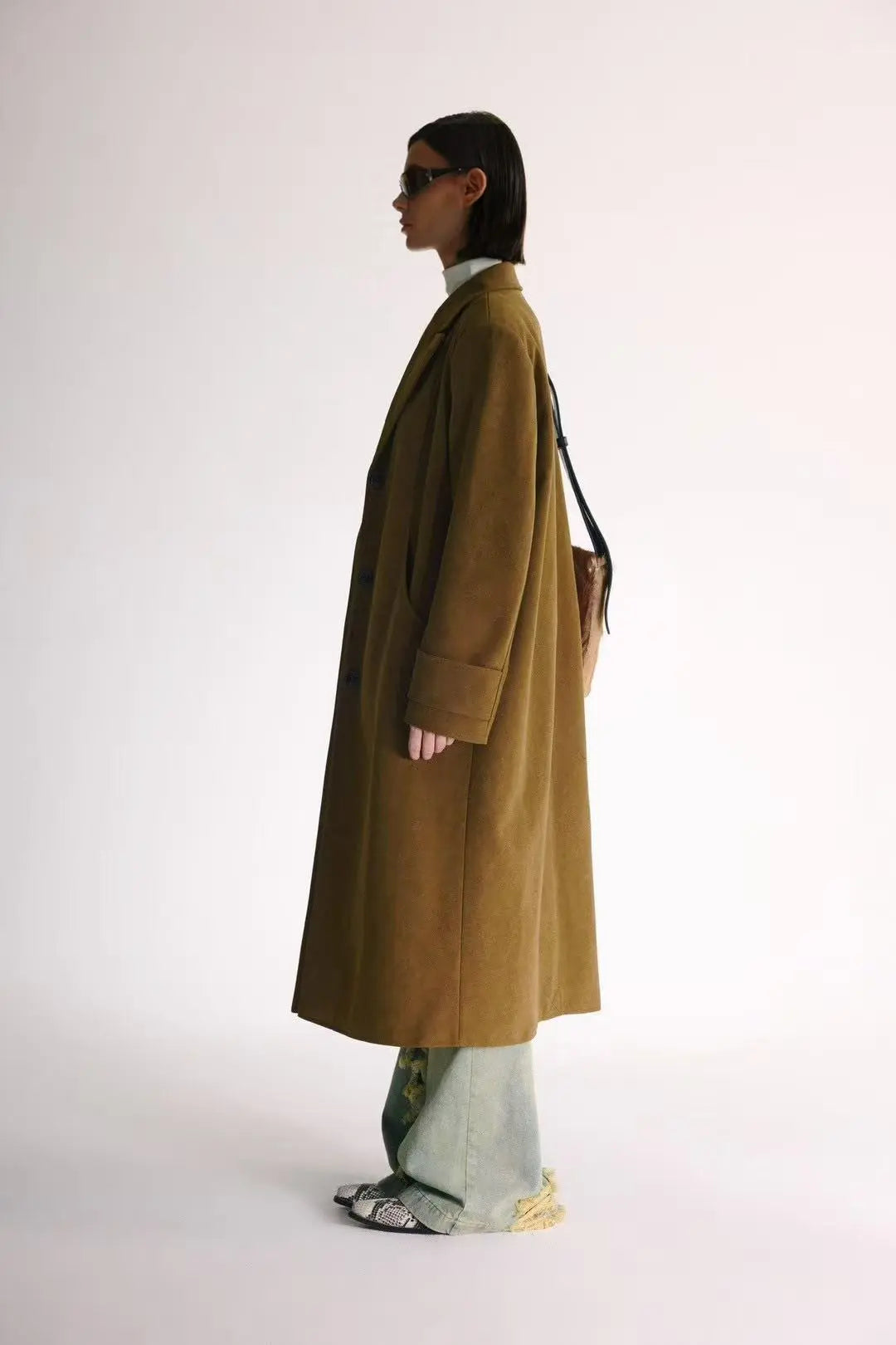 Structured Olive Brown Long Suede Coat with Padding - Velanocta