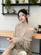 Scarf-Neck Off-Shoulder Ribbed Knit Mini Dress