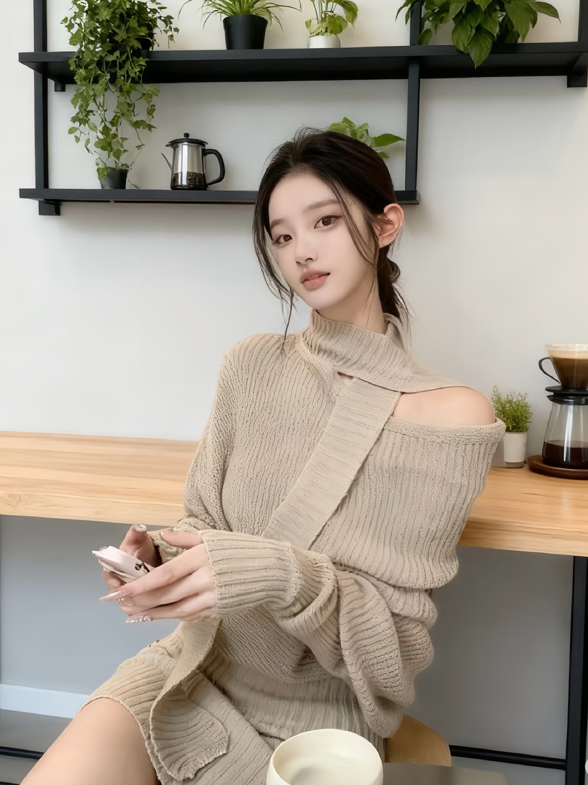 Scarf-Neck Off-Shoulder Ribbed Knit Mini Dress