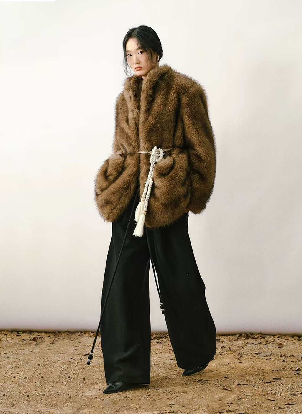 Fox-Tipped Faux Fur Stand-Collar Coat