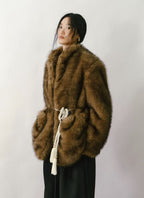 Fox-Tipped Faux Fur Stand-Collar Coat