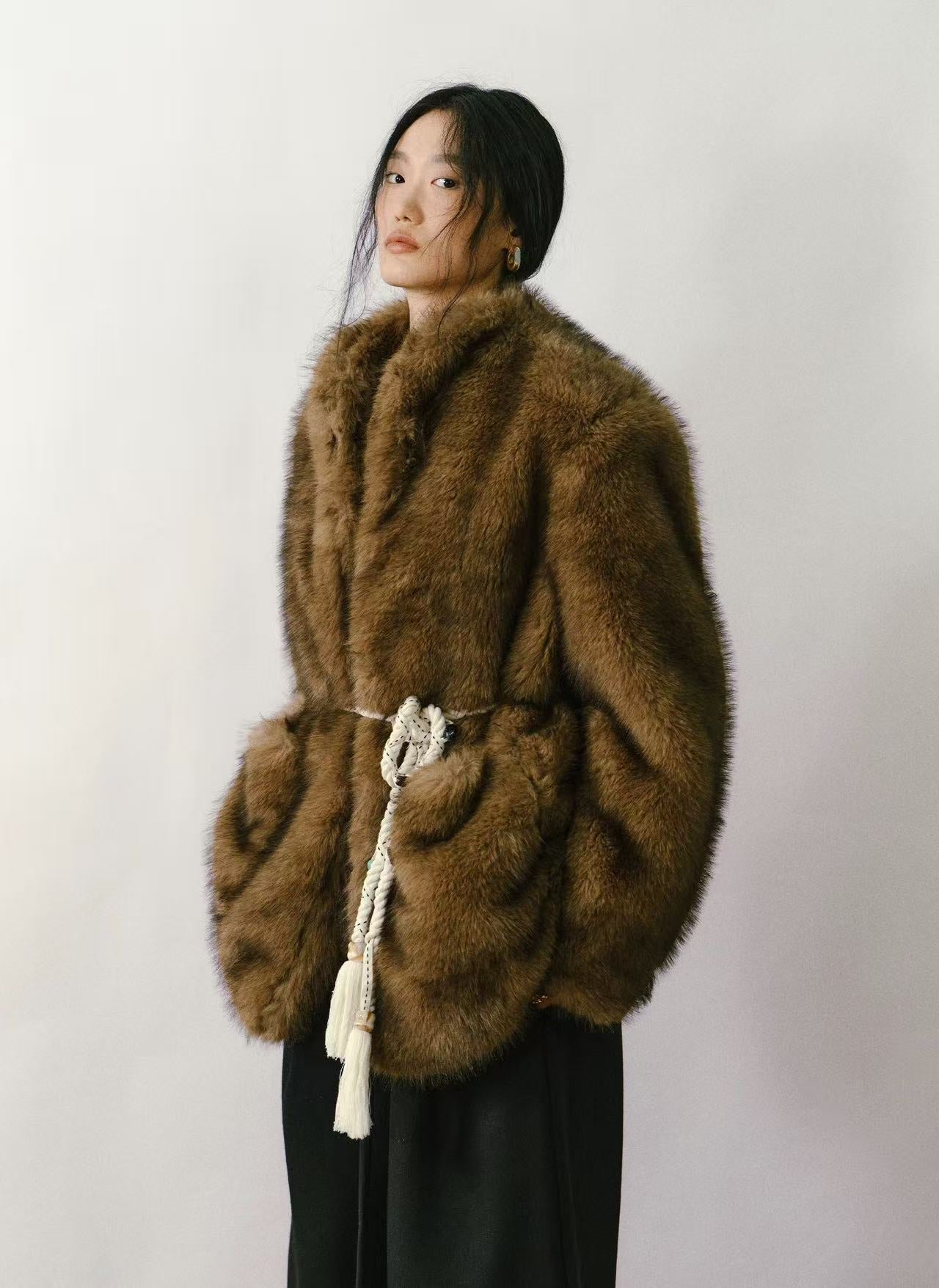 Fox-Tipped Faux Fur Stand-Collar Coat
