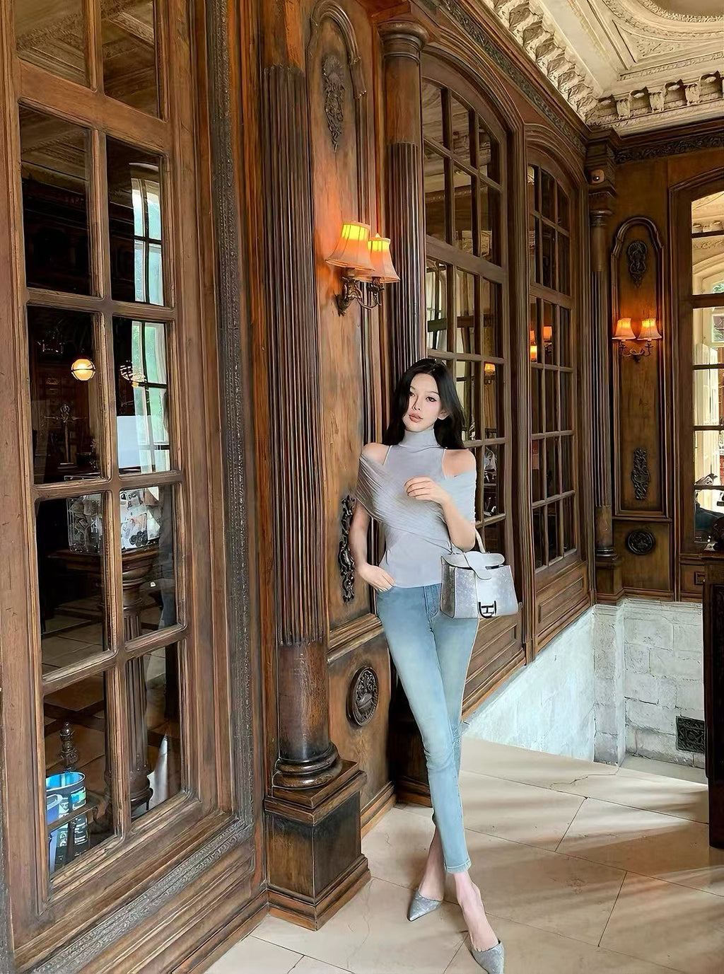 Off-Shoulder Knit Top with Mock Neck