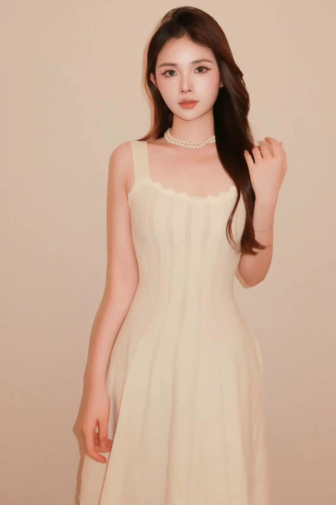 Ivory Square-Neck Knit Dress - Velanocta