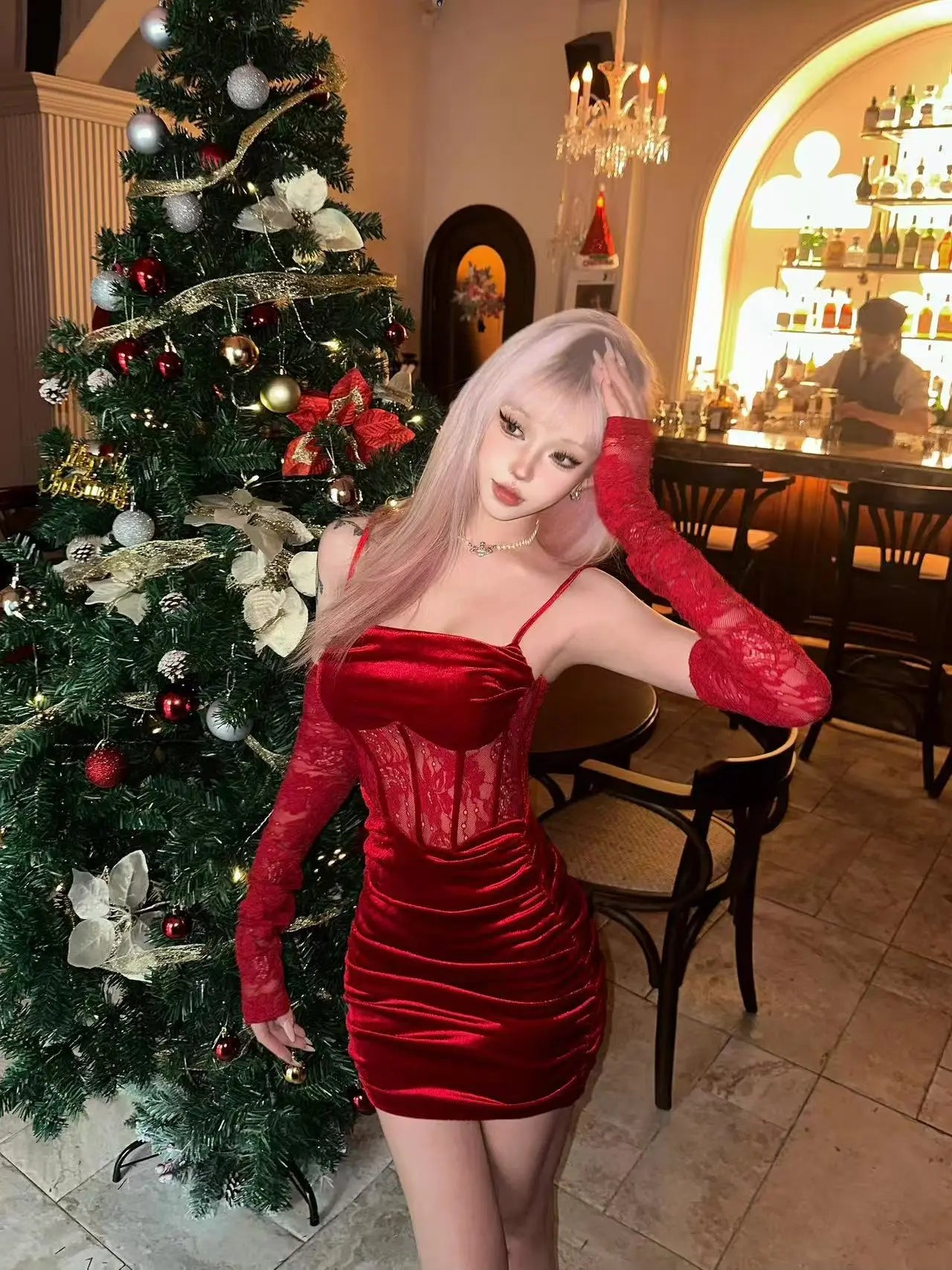 Red Velvet Corset Mini Dress with Matching Lace Sleeves - Velanocta