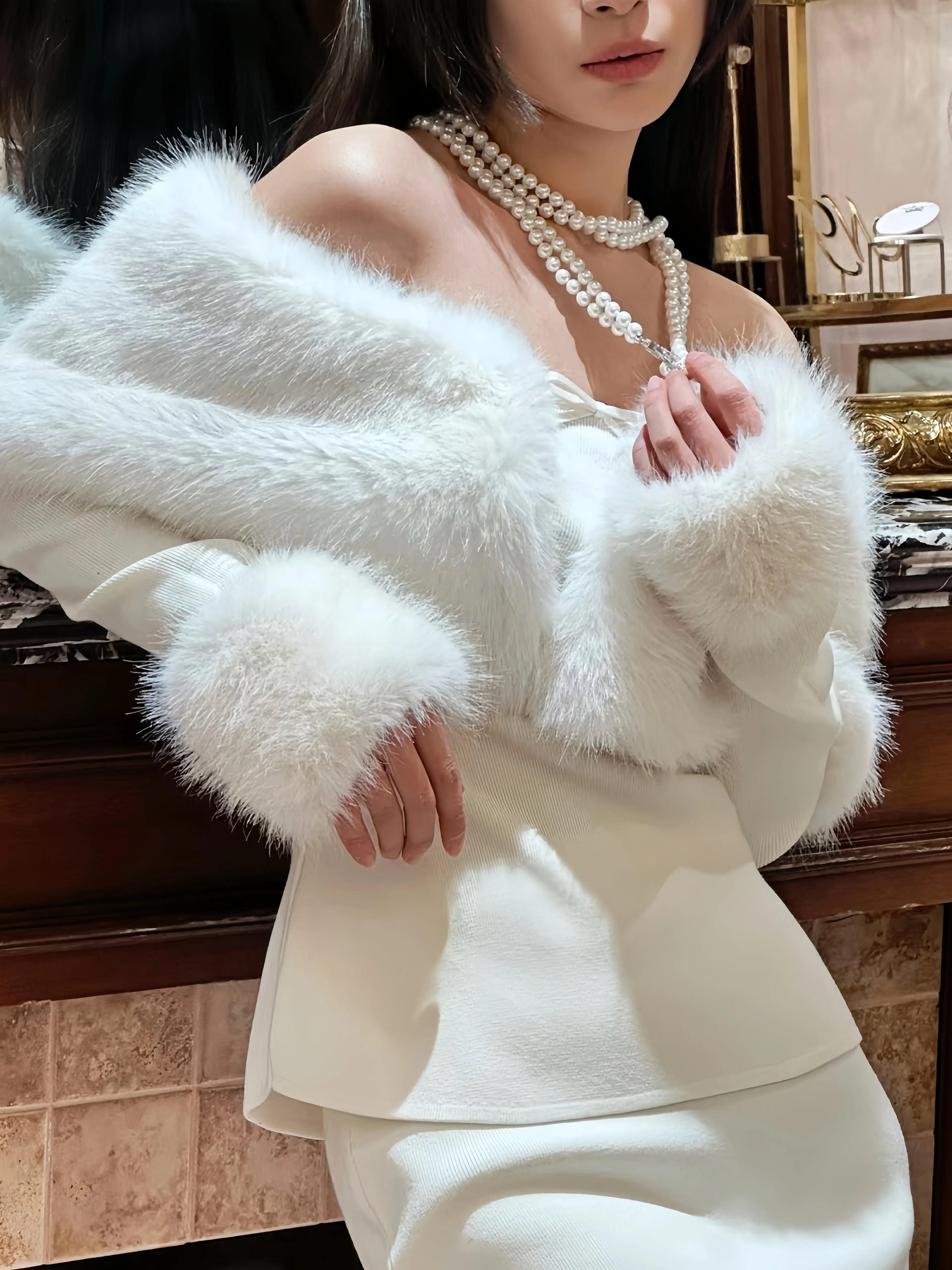 White Off-Shoulder Faux Fur Skirt Set - Velanocta